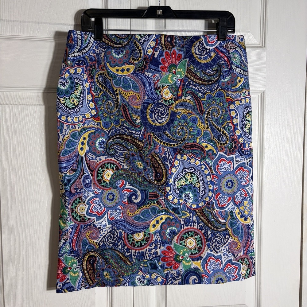 Talbots Paisley Pencil Skirt Women 12 Multicolored Vibrant Cotton Blend Colorful